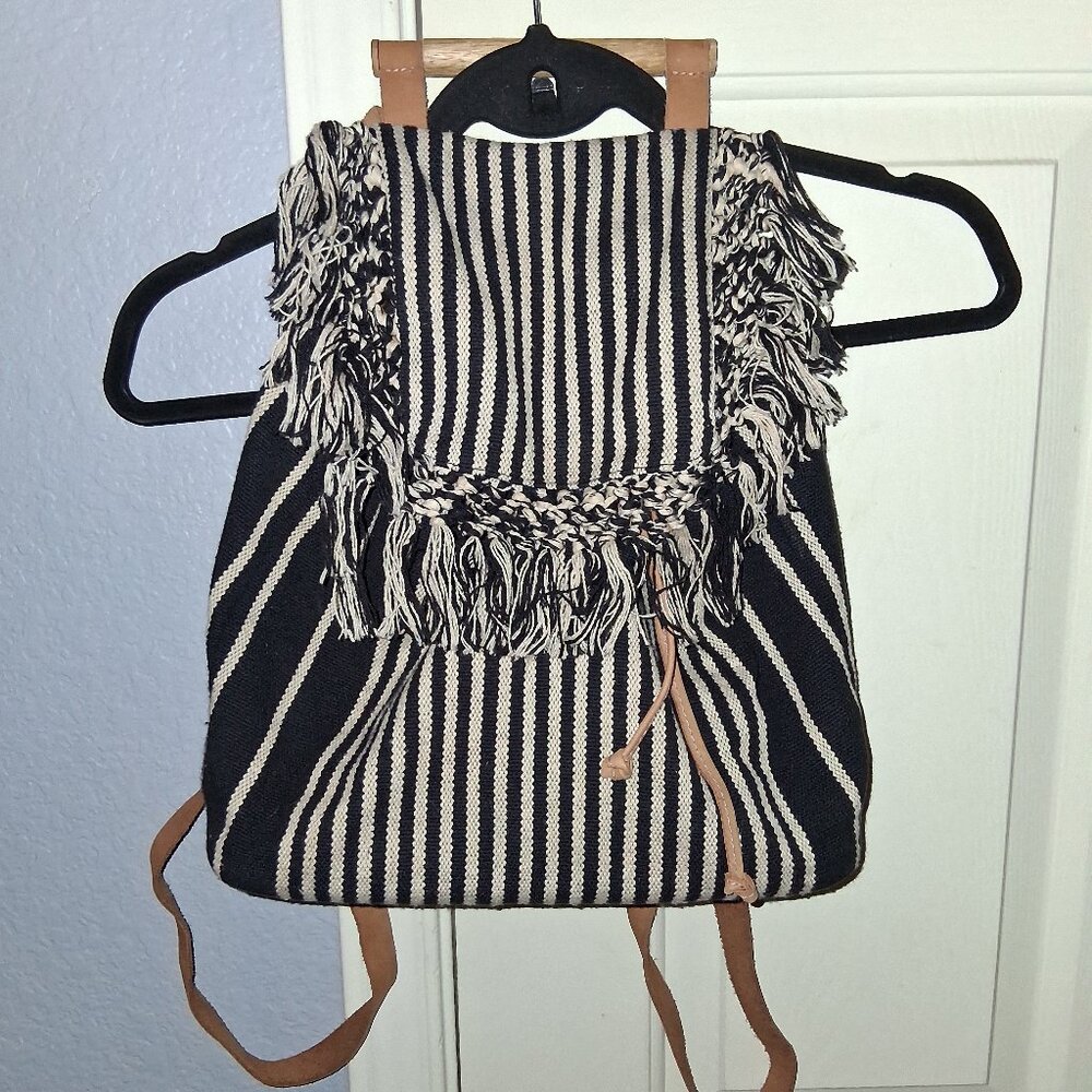 World Market Boho Fringe with Wooden Handle Backpack/Purse
